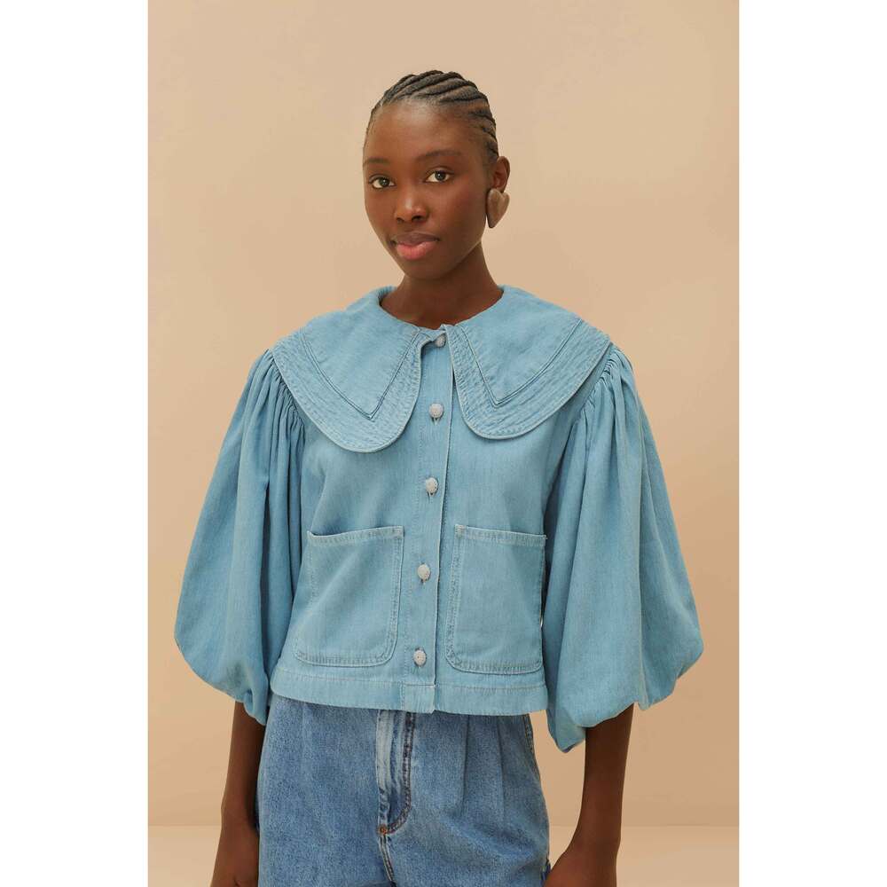 Farm Rio Denim Notched Lapel Shirt